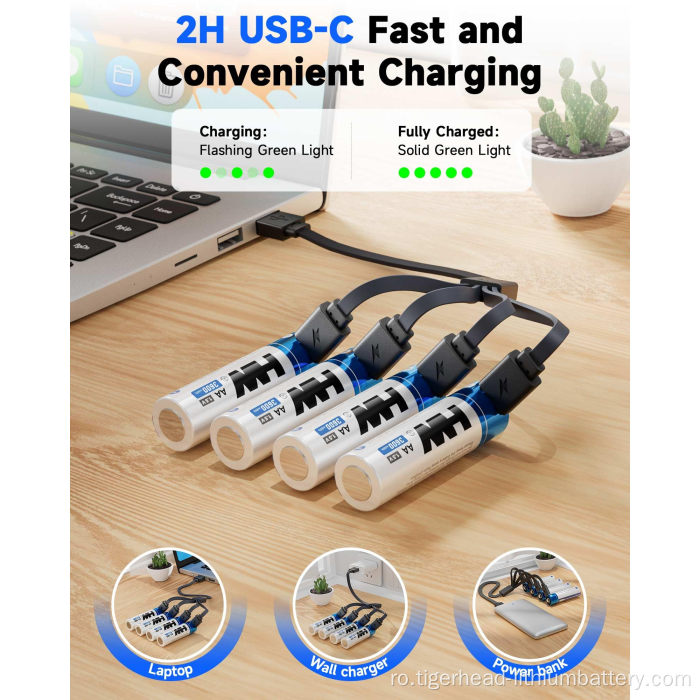 4 bucăți 1,5 V AA 3600 mWh USB-C baterie litiu reîncărcabilă